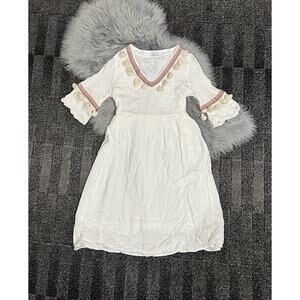 Anany Cream Boho Viscose/Linen Dress With Colored Stitching Embelishment Size‎ M